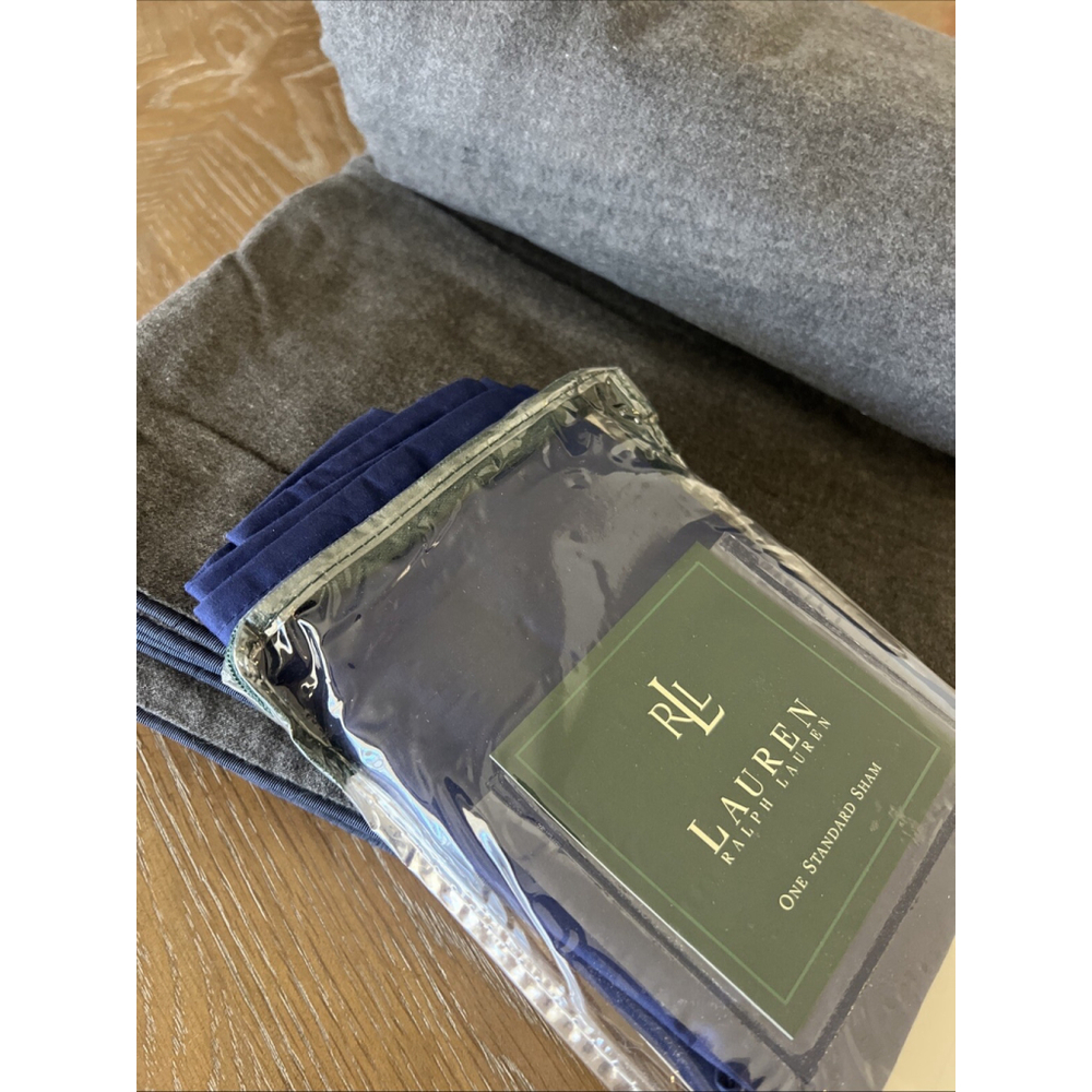 Ralph Lauren Chandler Gray Flannel Twin Duvet Cover w/ 1 New Navy Standard Sham